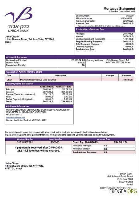 Modèle Word et PDF de relevé hypothécaire de la Israel Union Bank (Bank Igud)